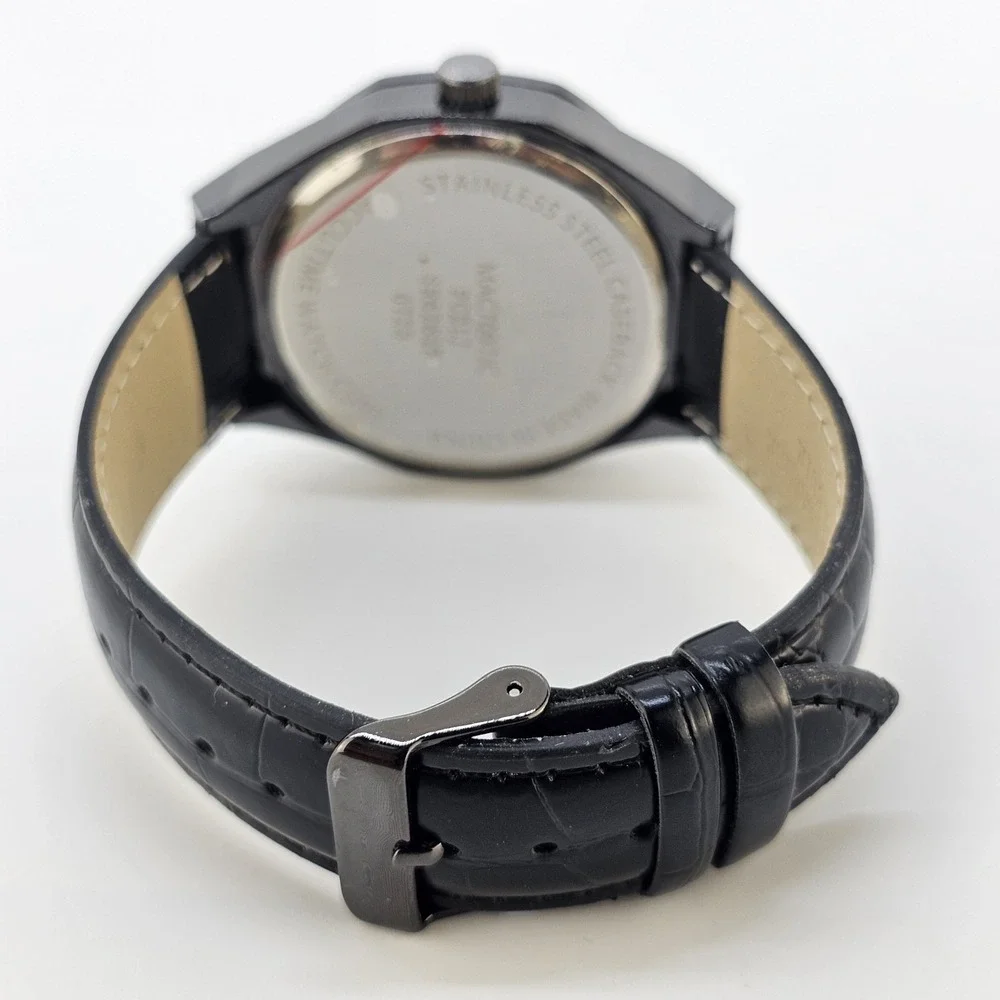 Men's Analog Watch 44MM Black Dial Case Black Faux Leather Bands New Battery